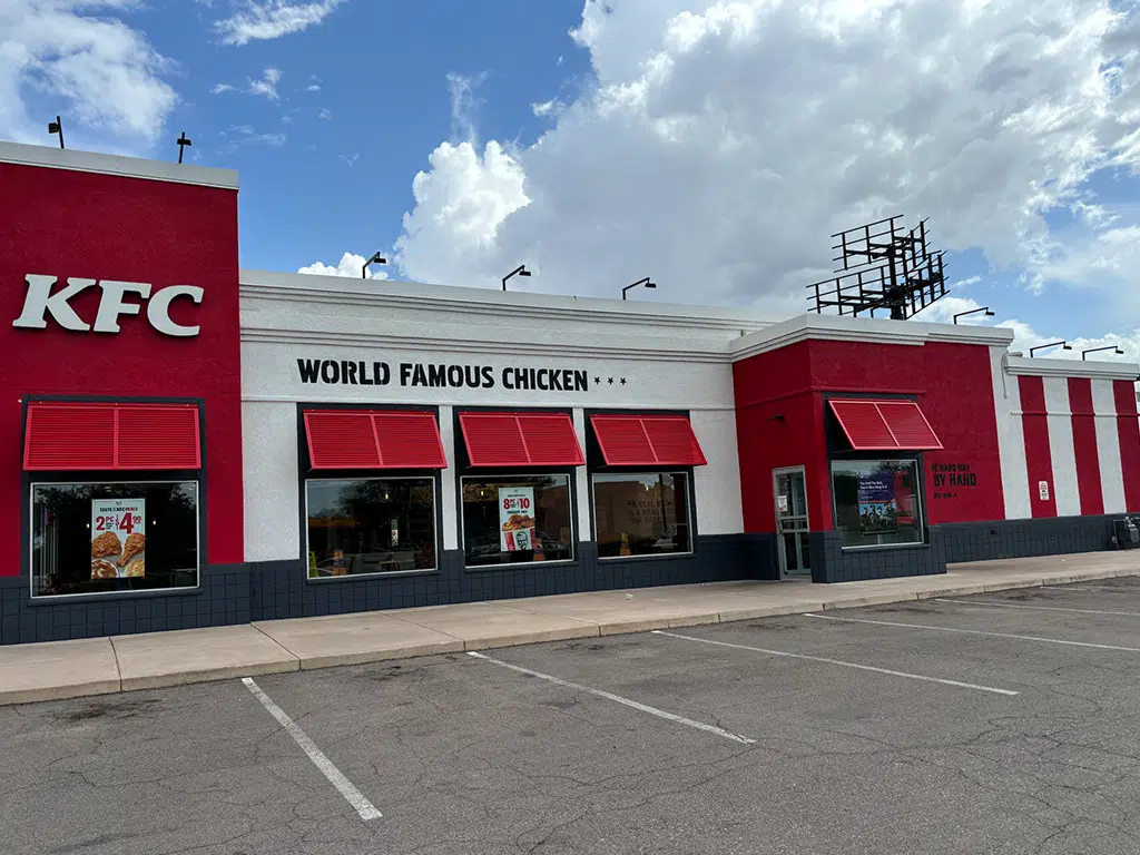 Restaurant Exterior Painting Tucson Tucson KFC restaurant freshly repainted with durable, weather-resistant exterior paint.