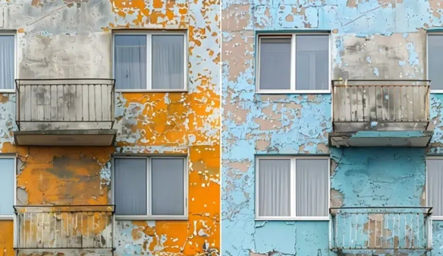 commercial-stucco Bluish gray kitchen cabinets with a modern satin finish painted by Red Door Painting Pros in Tucson.