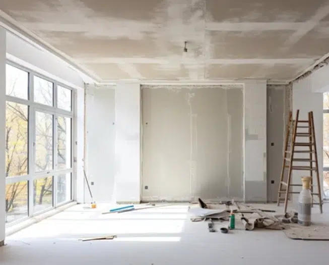 drywall-repaired Bluish gray kitchen cabinets with a modern satin finish painted by Red Door Painting Pros in Tucson.
